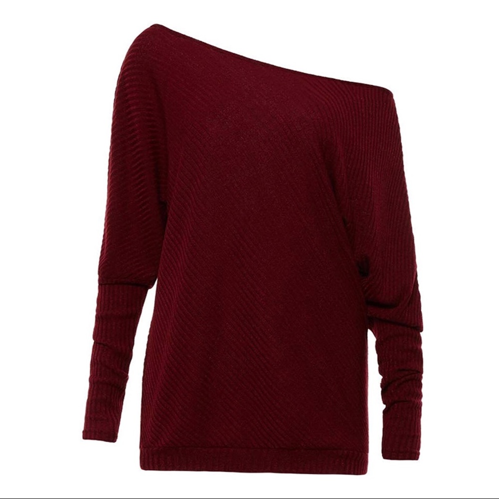 Off Shoulder Batwing Sleeve Loose Pullover Sweater - Picture 2 of 4